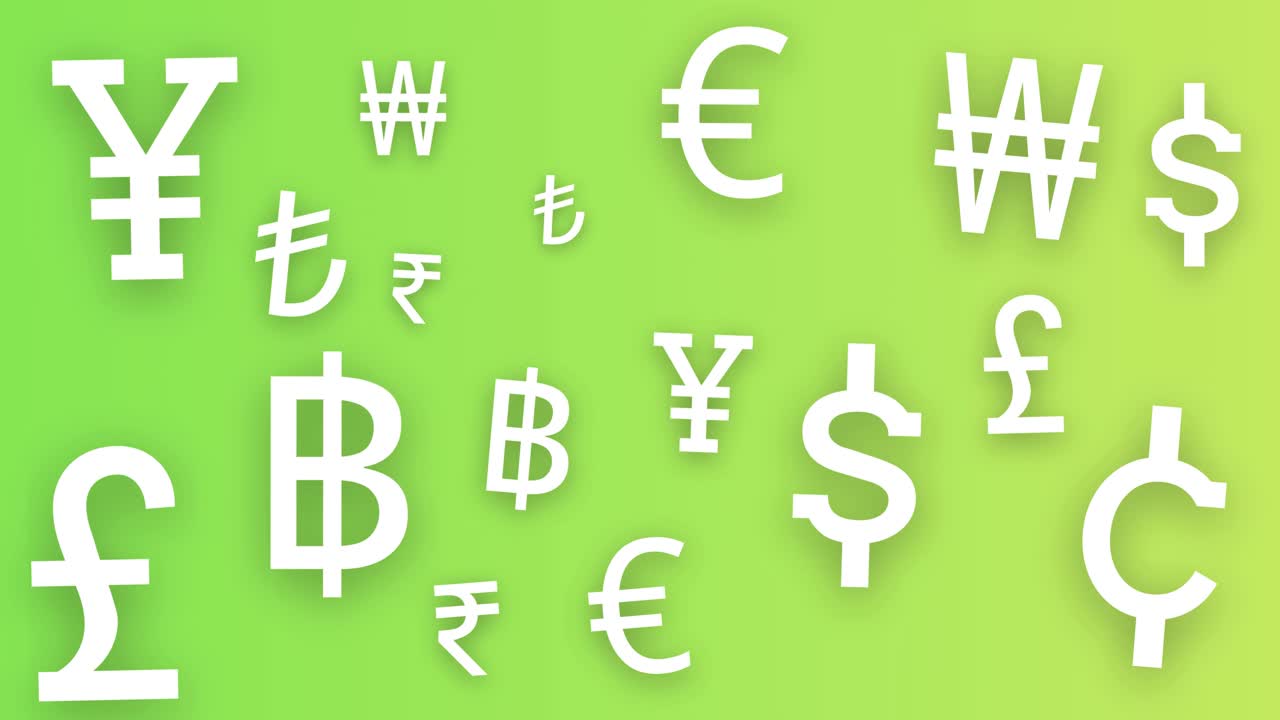 Animazione di simboli valutari animati — £ $ € ¥, Finanza globale, settore bancario, commercio, economia, investimento, denaro, animazione di concetto aziendale