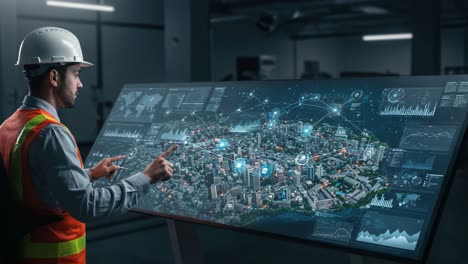 professional engineer analyzing smart city data on interactive display, highlighting urban planning and technological innovation for future developments