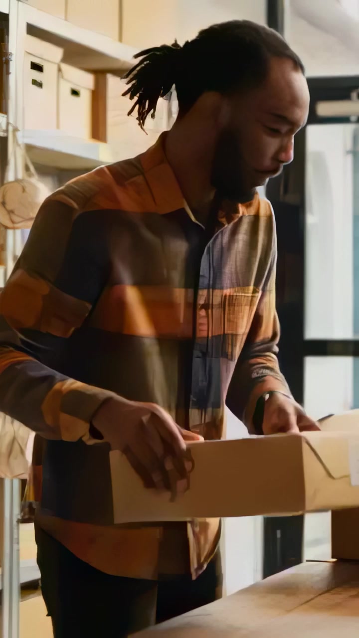 Vertical video: Reaching worker in plaid shirt lifting and folding box at workbench for shipping