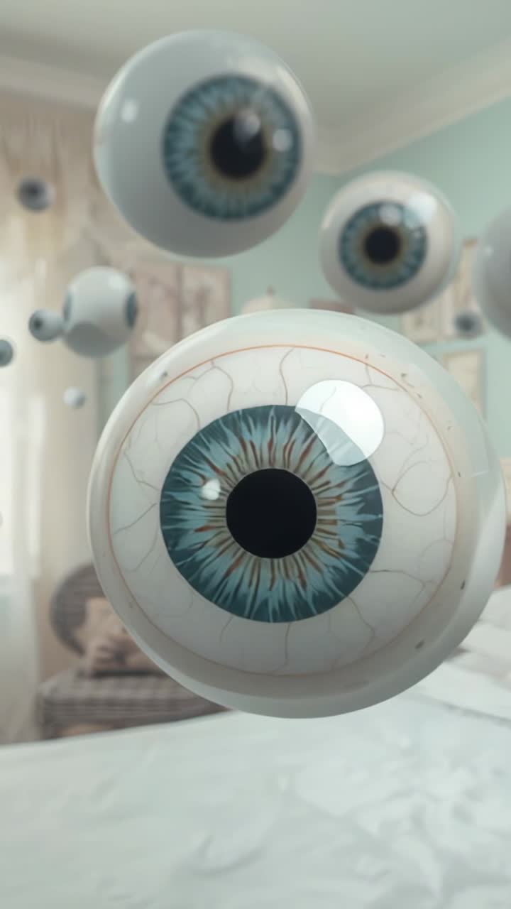 Vertical video: After unseen animation start, eyeball spheres drifting over white bed in bedroom