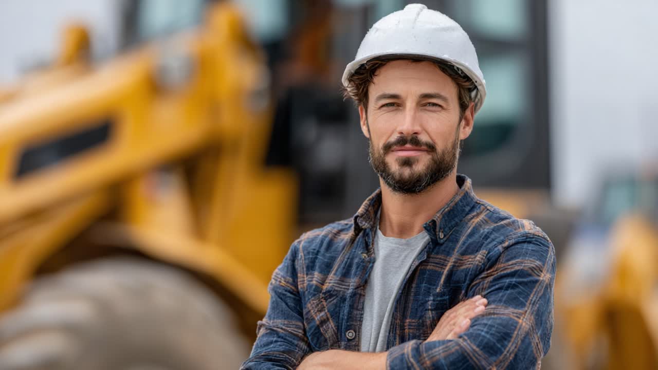 Confident Construction Worker in Safety Gear Smiling Against Heavy Machinery Background, Showcasing a Professional Attitude in the Workplace Environment