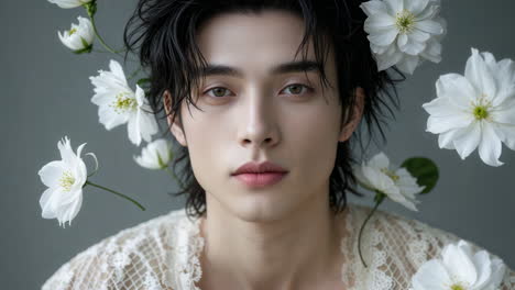 close-up portrait of a man adorned with white flowers and lace