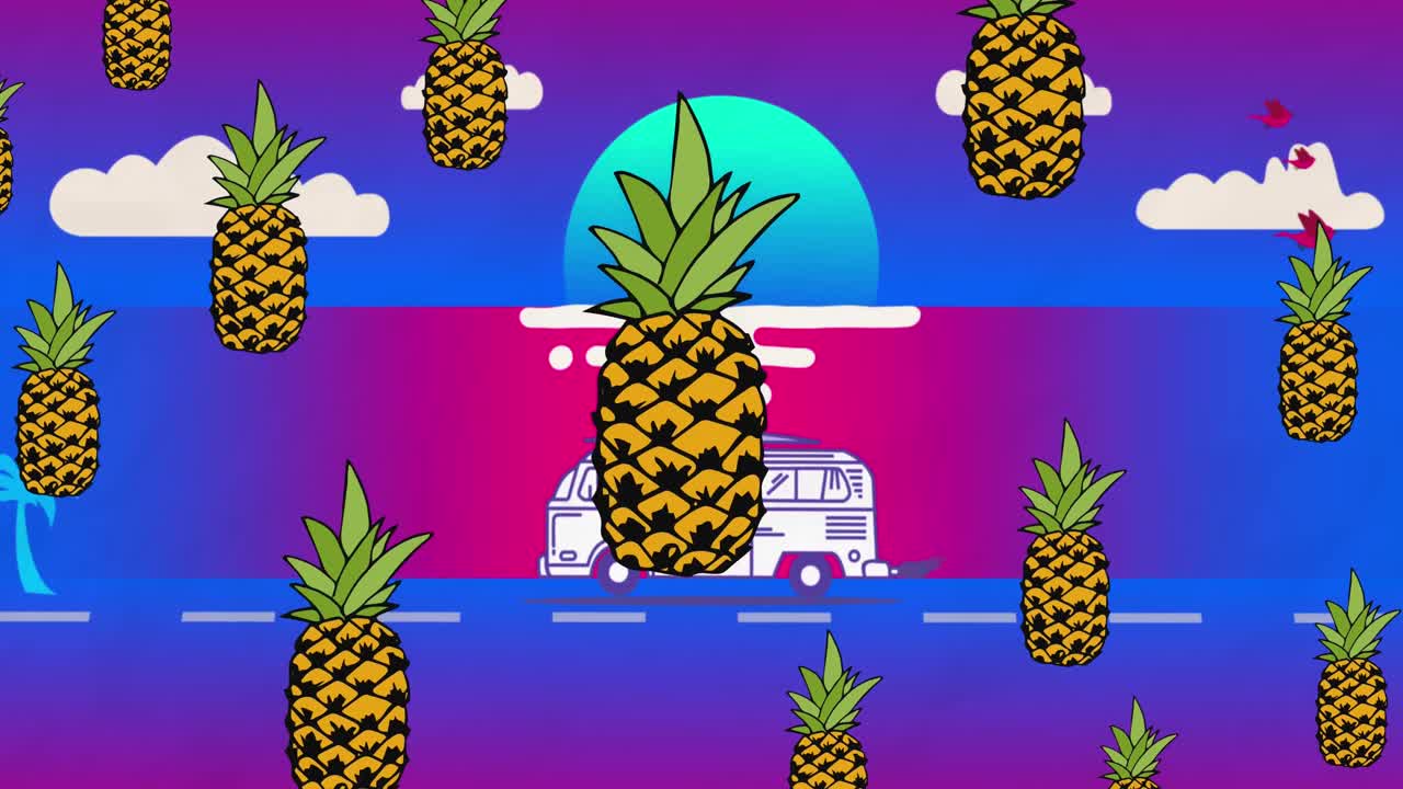 바다와 태양 위의 파인애플과 버스의 애니메이션