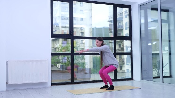 mujer haciendo sentadillas en casa