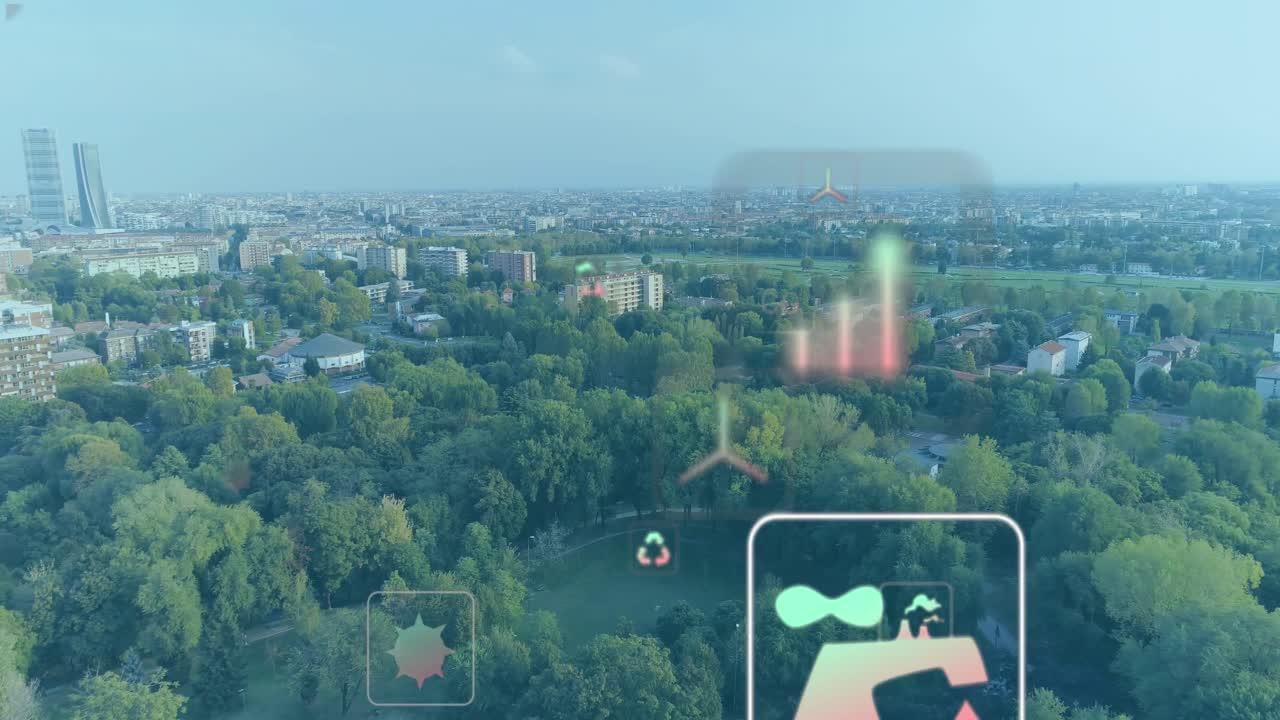 Animation of digital icons over cityscape