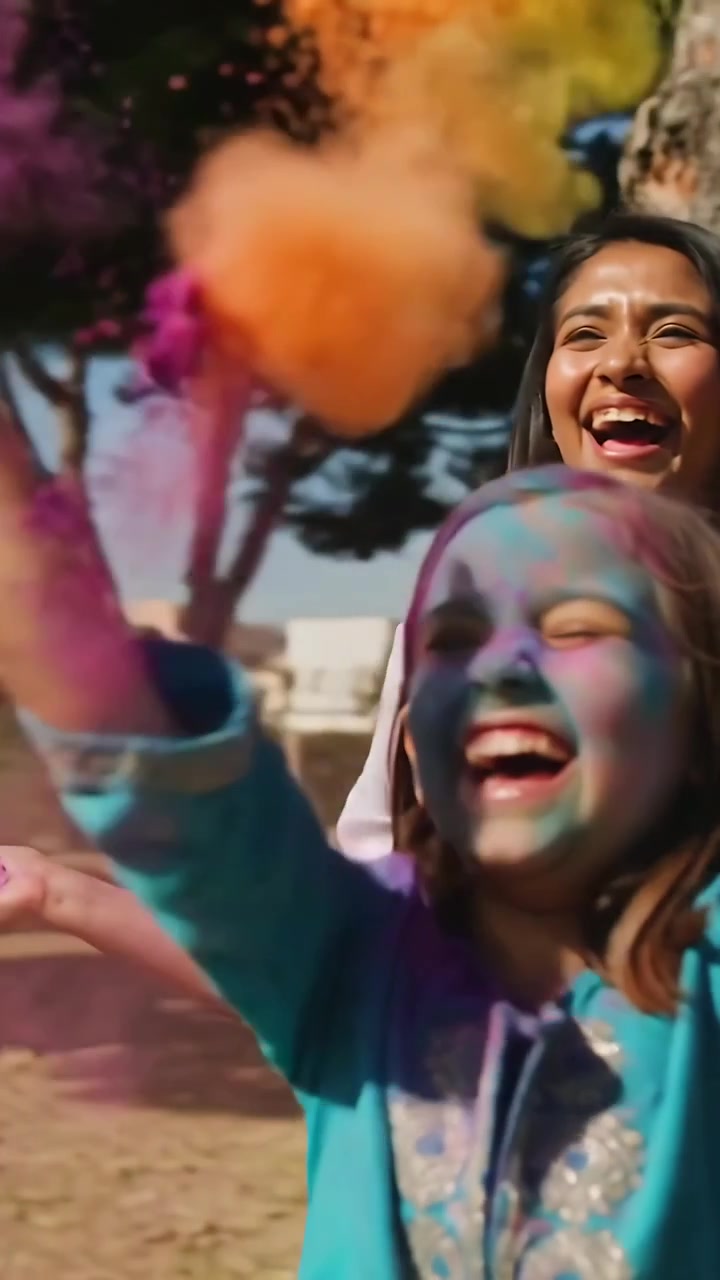 Video verticale: Un bambino alza le braccia per iniziare a lanciare i colori dell'Holi, la mamma lancia polveri nel parco, con una maglietta color verde acqua.