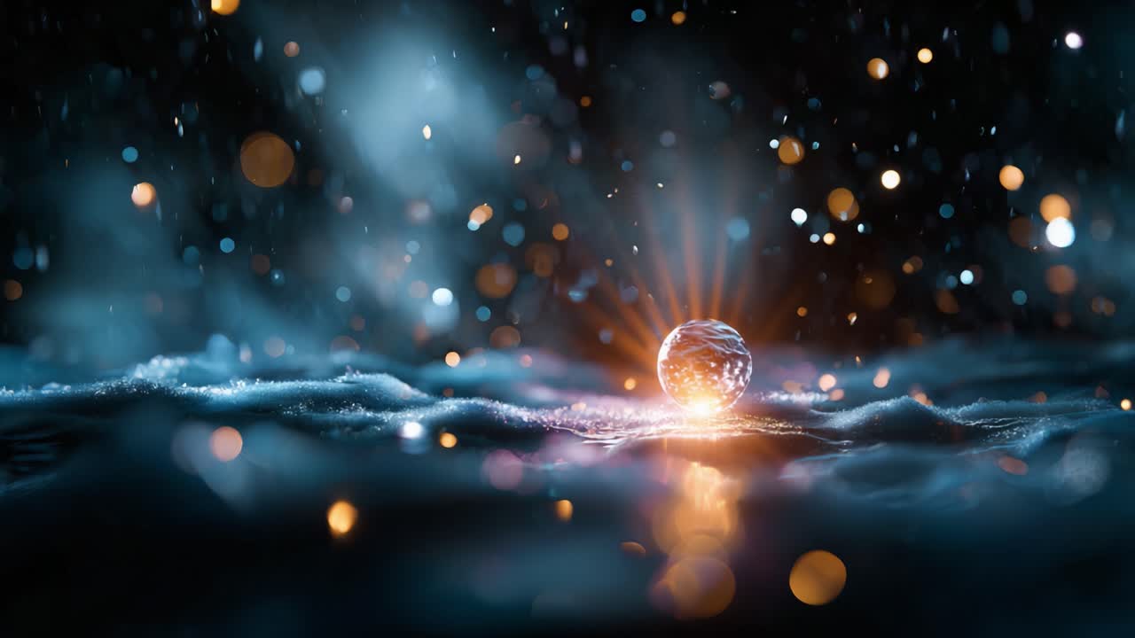 Podmanivý okamžik světla a vody, kde padající kapka vytváří vlnky v snové atmosféře s okolními zářivými bokeh efekty.