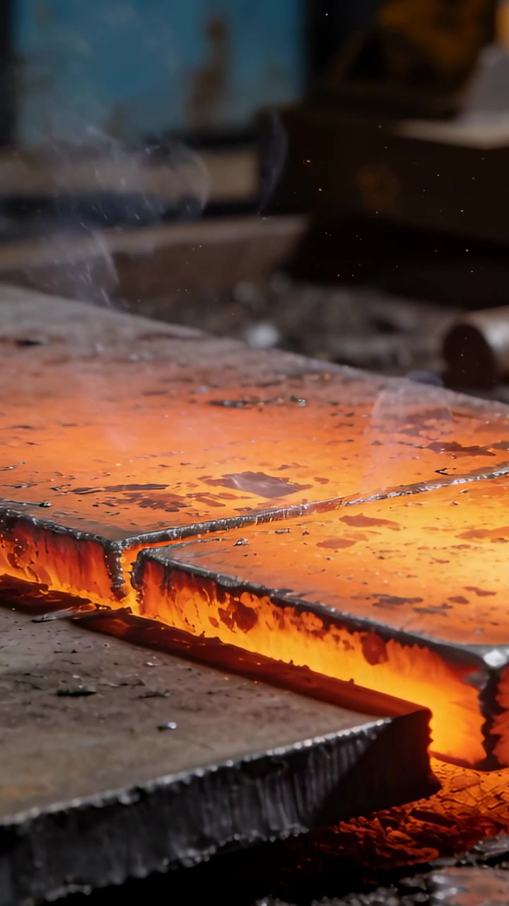 Video verticale: Scintille che erompono da una piastra d'acciaio incandescente, taglio e finitura in officina, con fumo.