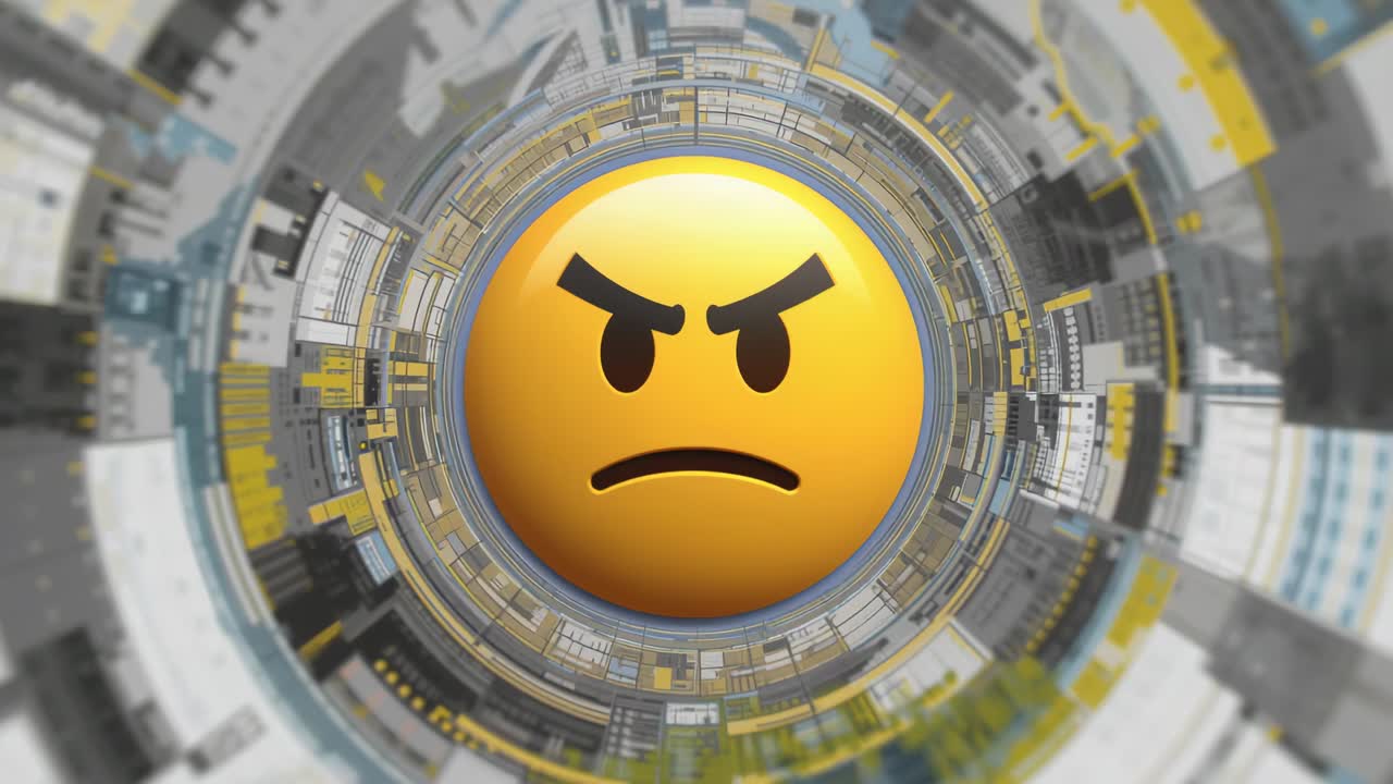 Rotating concentric rings circling central angry face emoji in digital tunnel, with colored panels