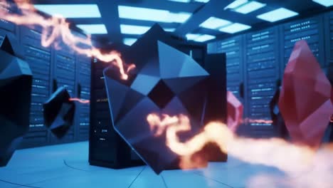 engaging display showcases vibrant flames and geometric shapes moving around advanced computing equipment in a futuristic data center. high-energy environment highlights technology in action.
