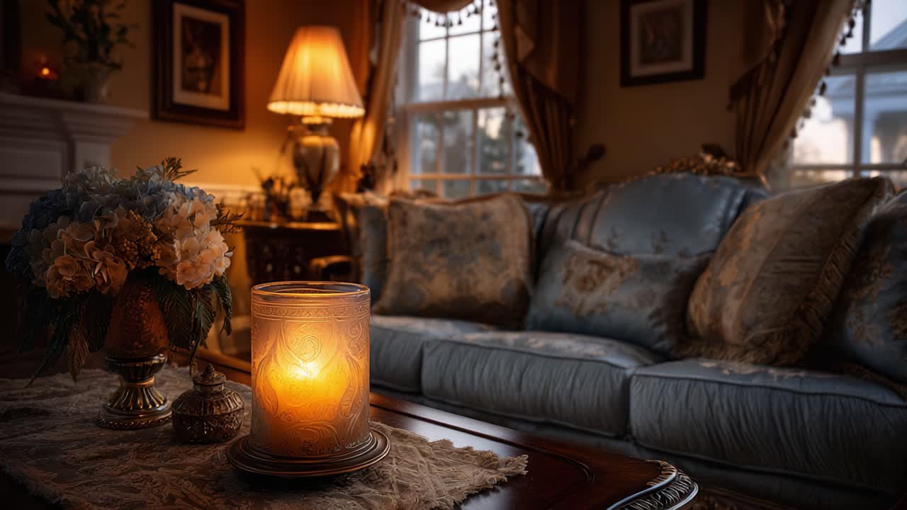 Una serata accogliente in un salotto arredato con gusto: la calda luce delle candele illumina tessuti eleganti e bellissime composizioni floreali.