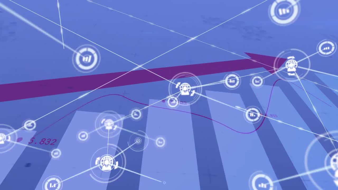Animation of network of digital icons and statistical data processing against grey background