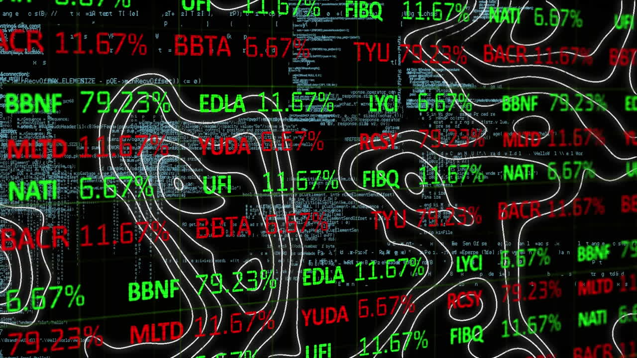 animación de la interfaz de stock financiero, sobre mapa topográfico y procesamiento de datos