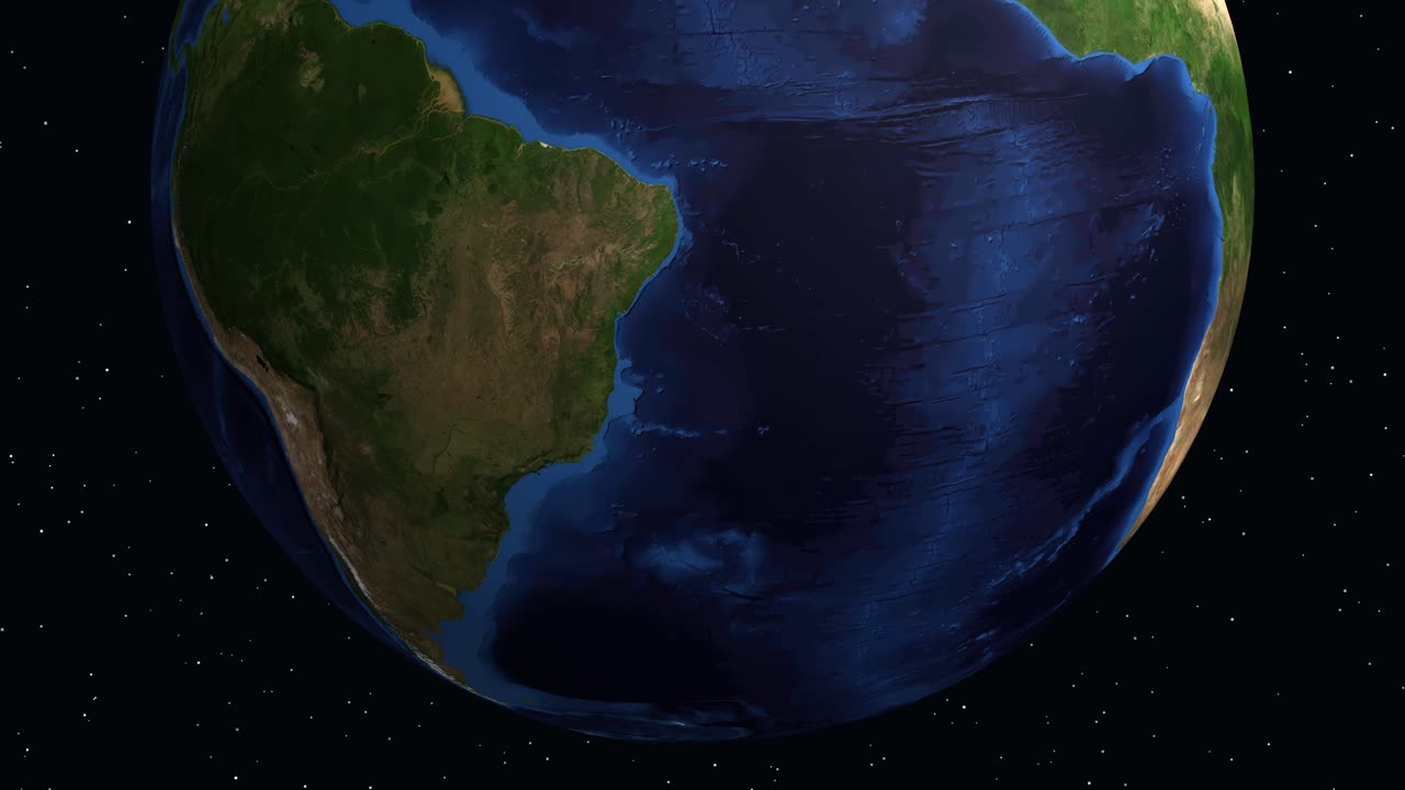 Digital animation zooms from space into South America, highlighting Maringa, Brazil with informational text