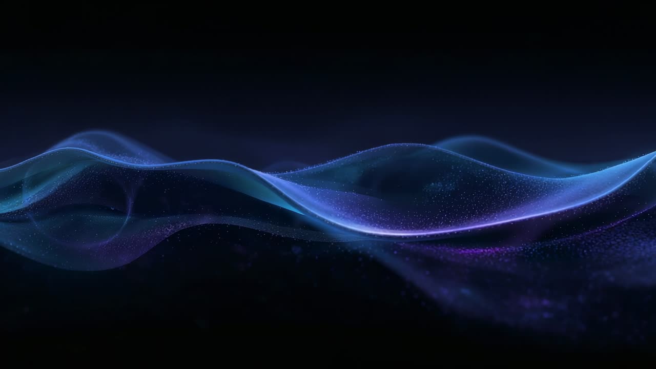 Undulating glowing ribbon shifting and moving particles internally in dark space, creating loop