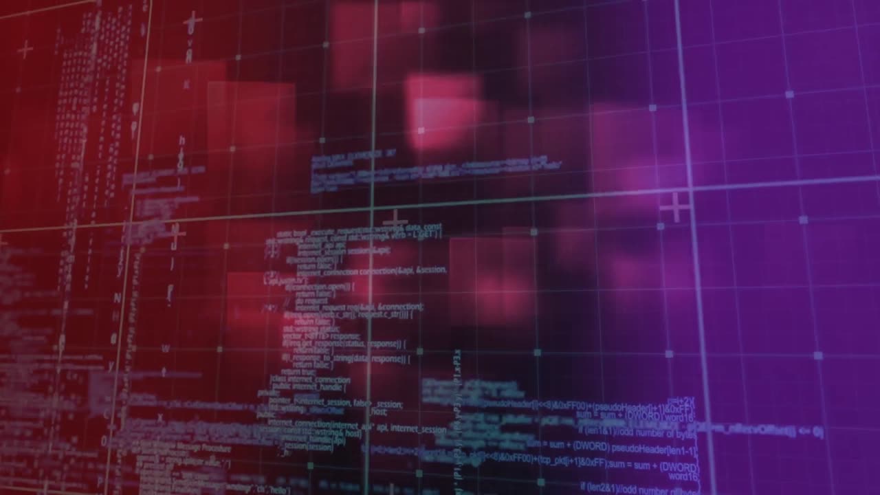 animación del procesamiento de datos digitales sobre pantallas y fondo de cuadrícula