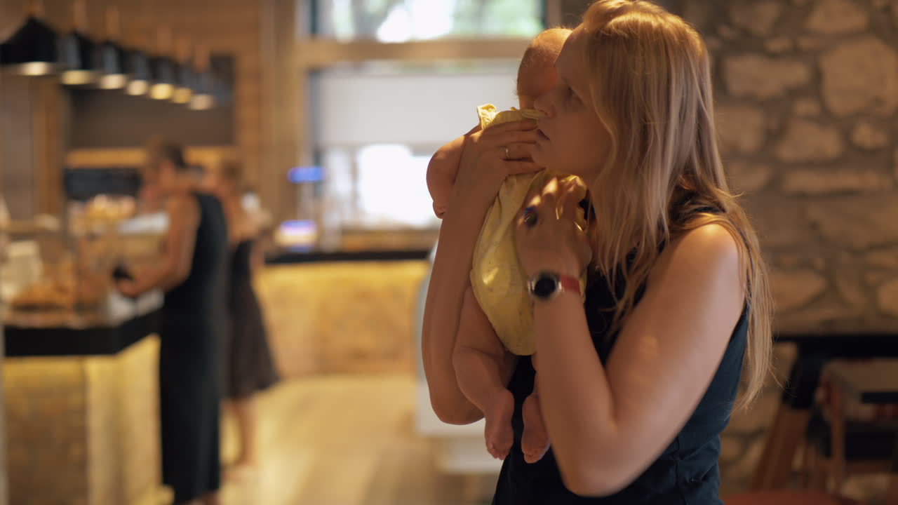 Mor med baby læser menuskilt på café