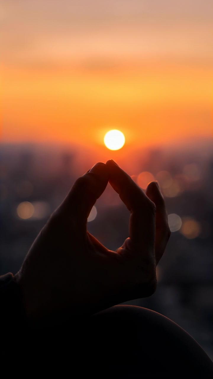 Primo piano della silhouette di una mano che forma un cerchio attorno al sole luminoso che tramonta sopra una città distante, con un cielo arancione caldo, sfondo sfocato e una composizione equilibrata che cattura la calma luce serale.