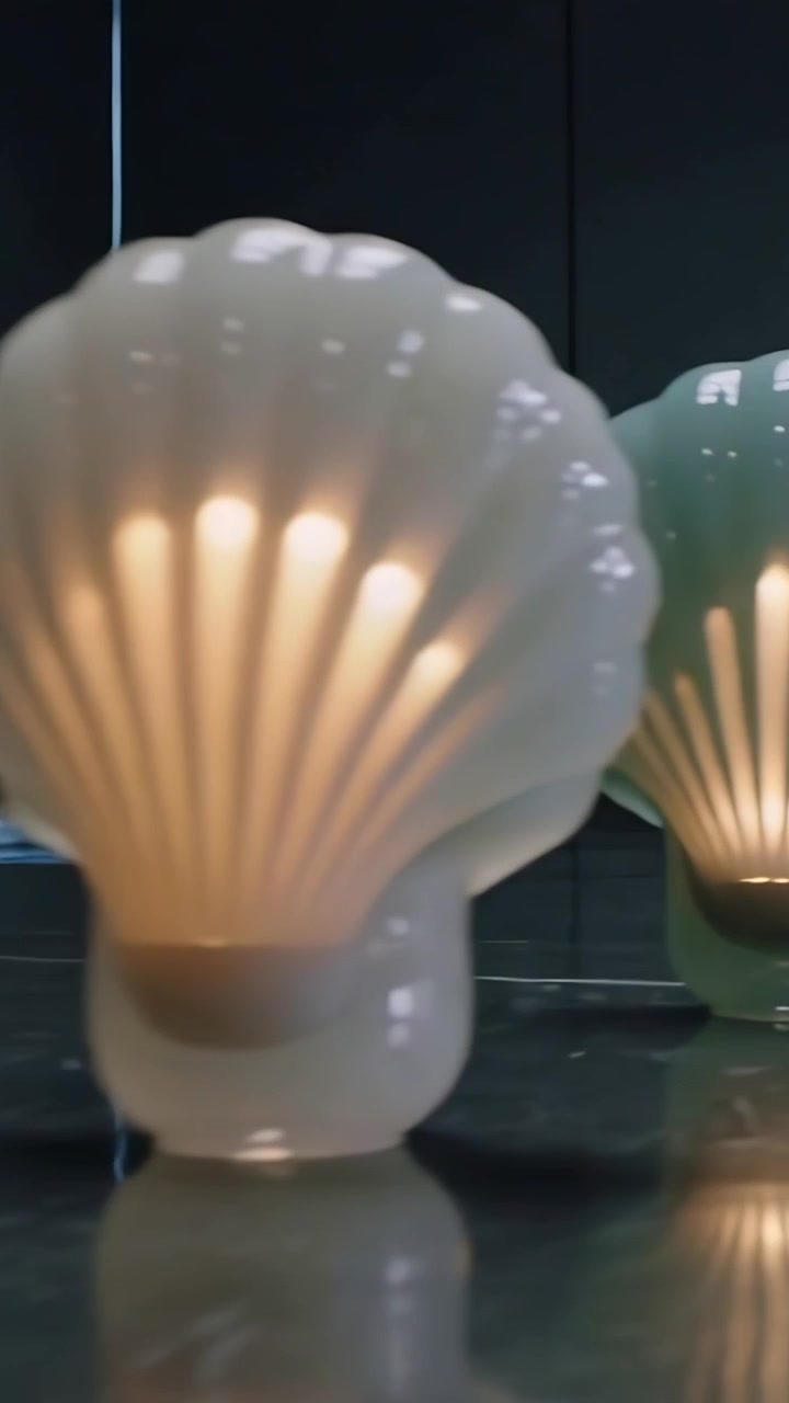 Vídeo vertical: Câmera em varredura mostrando três luminárias de cerâmica em forma de concha em mesa brilhante, emitindo um brilho quente.