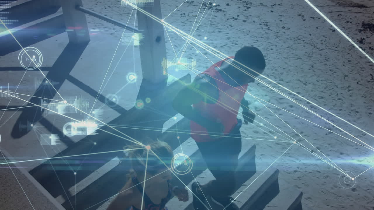 야외에서 달리는 사람에 대한 연결 네트워크의 애니메이션