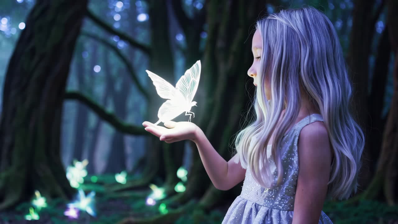 A Young Girl Interacting with a Glowing Butterfly in an Enchanted Forest
