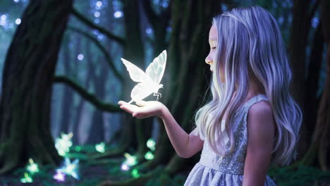a young girl interacting with a glowing butterfly in an enchanted forest
