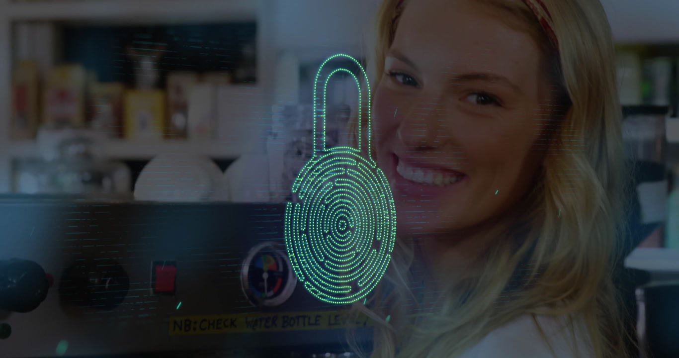 Animation of fingerprint forming padlock, lens flare over smiling caucasian barista at coffee bar