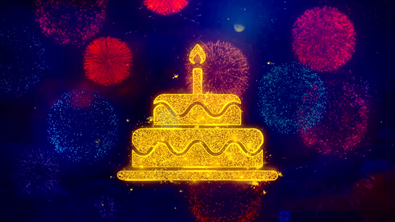 икона торта дня рождения на красочных фейерверковых частицах.