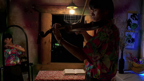 musician plays violin in ambient room with his reflection seen in mirror