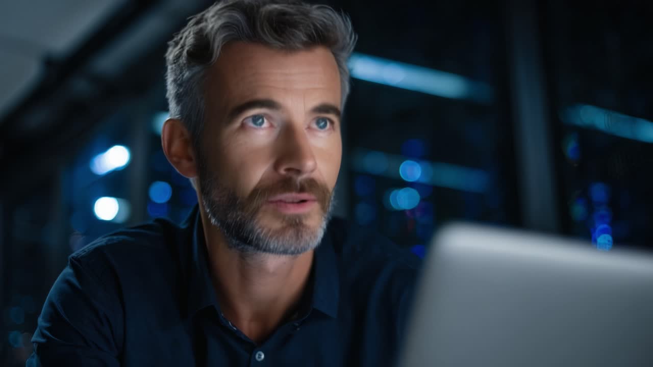 Focused Professional Reviewing Data in a Dimly Lit Office Setting with Computer Screen Reflecting Bright Lights and a Serious Expression on His Face