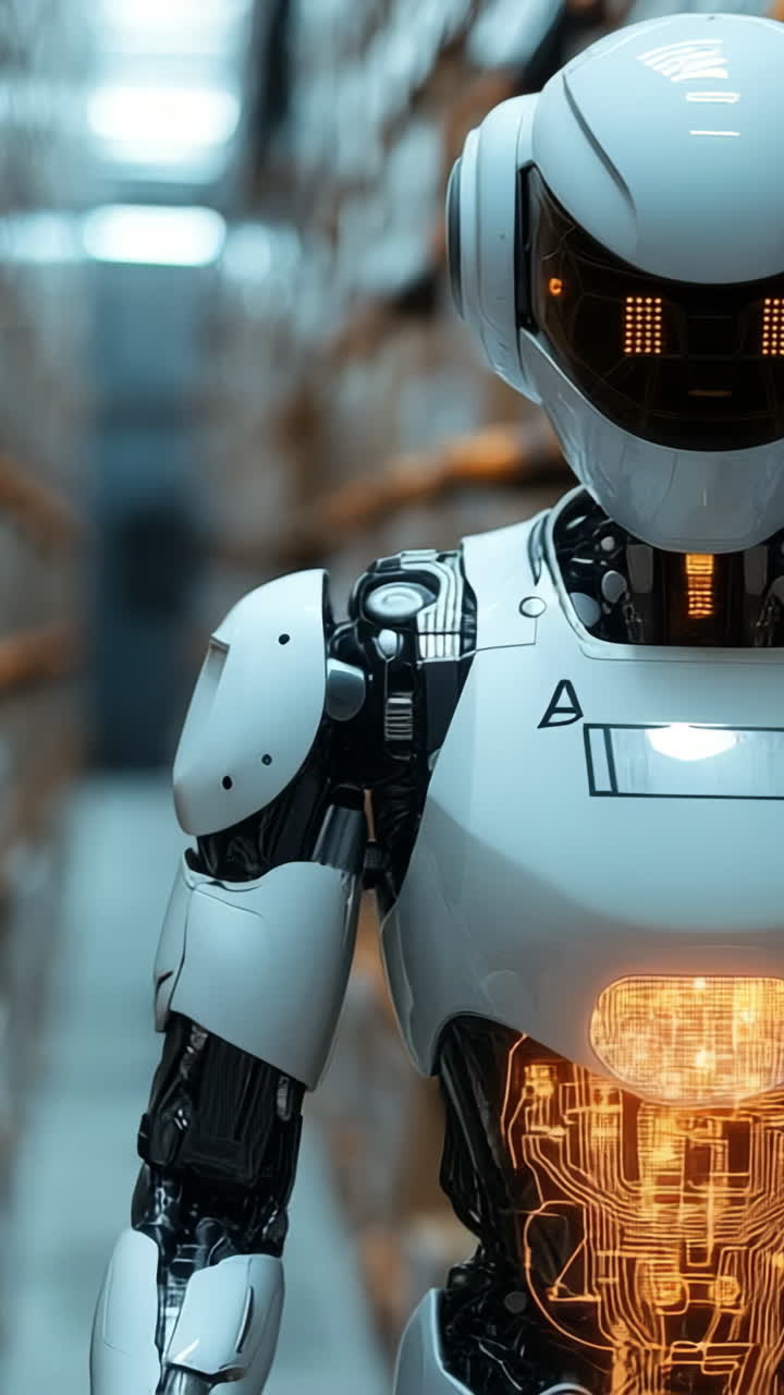 Robot working in a warehouse environment. A humanoid robot stands among shelves filled with boxes, showcasing advanced technology in a busy warehouse.