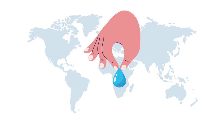 hand, die wasser tropft über eine weltkarte