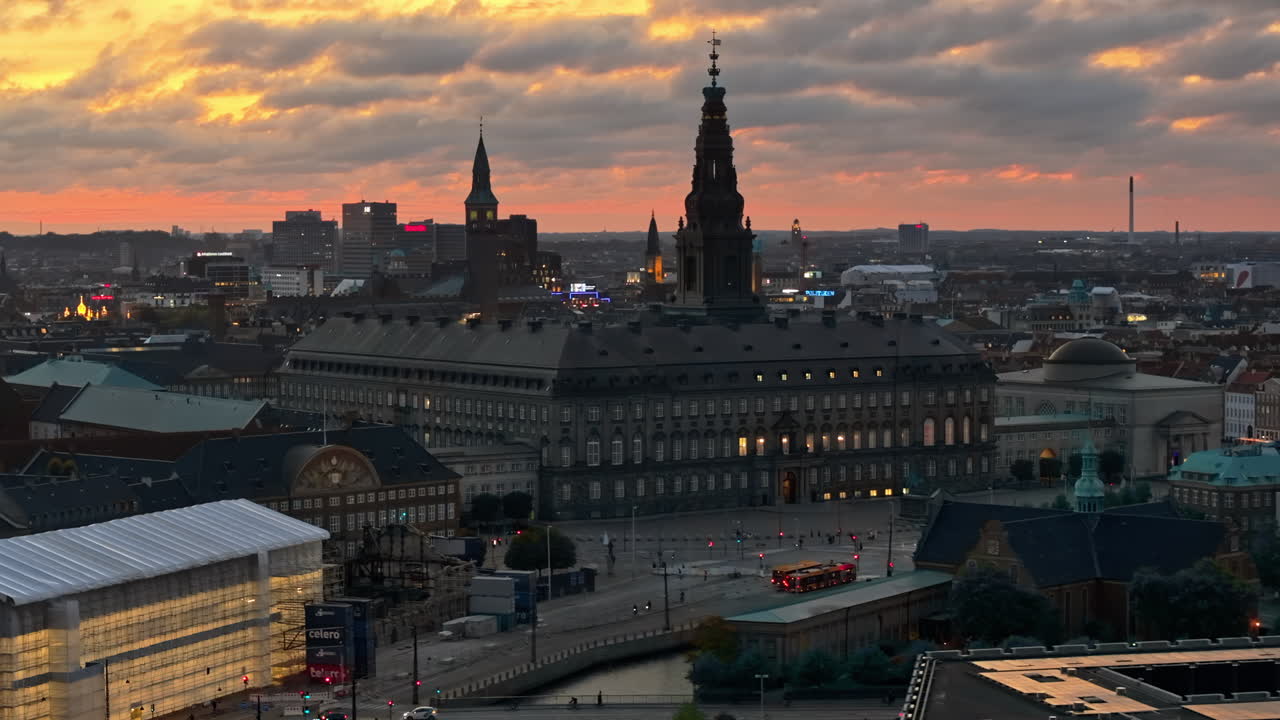 Aerial drone view of the Church of Our Saviour in the city centre of Copenhagen, Denmark at sunset