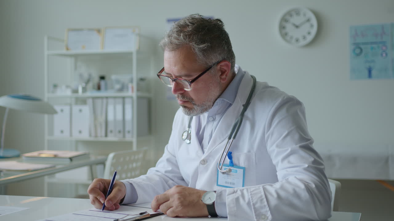 Senior Male Doctor Writing Medical Records at Workplace in Clinic
