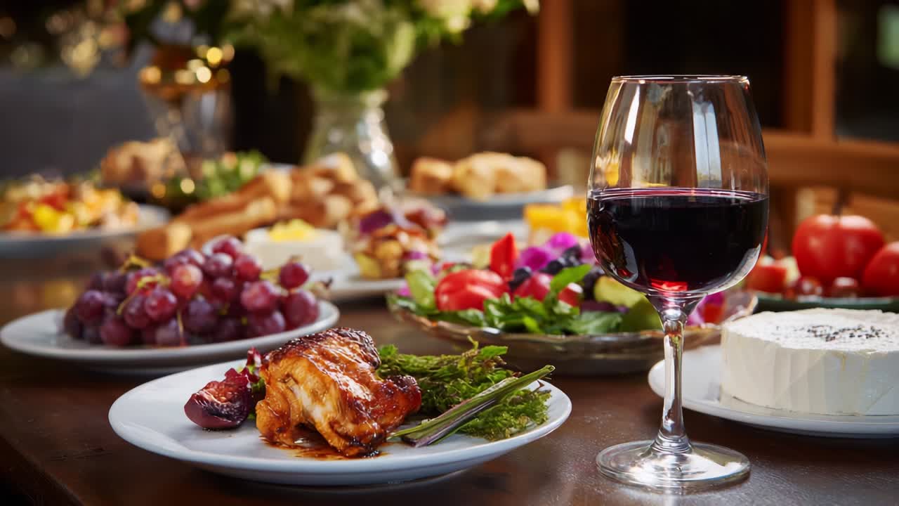 An Exquisite Dining Experience Showcasing Gourmet Dishes, Fresh Ingredients, and Elegant Presentation Featuring a Variety of Seasonal Fruits, Vegetables, Wine, and Culinary Delights Perfect for a Memorable Gathering