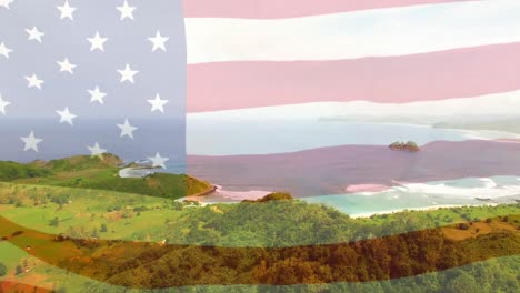 Animación-De-La-Bandera-De-Estados-Unidos-Ondeando-Sobre-El-Paisaje-Marino.