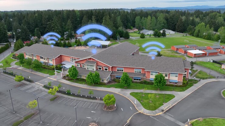 Vista aerea di una scuola elementare americana con connettività Wi-Fi moderna