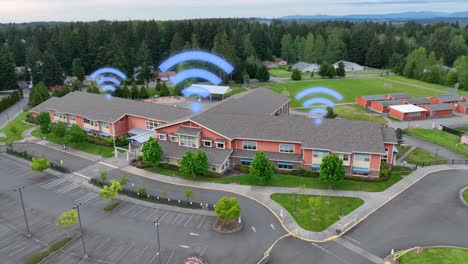 Vista-Aérea-De-Una-Escuela-Primaria-Estadounidense-Con-Conectividad-Wifi-Moderna