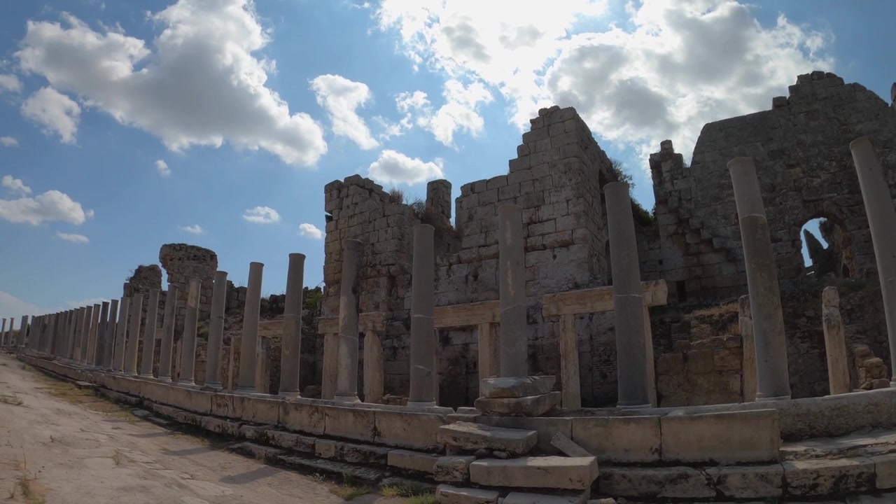 Antiche colonne romane e rovine in pietra della Domus Severiana sul Colle Palatino a Roma, Italia, che mostrano muri erosi, archi e resti archeologici sotto un cielo nuvoloso