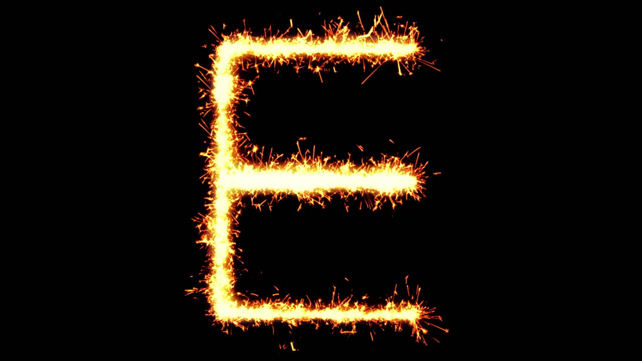 Alphabet e text sparkler writing with glitter sparks particles firework on black 4k loop background