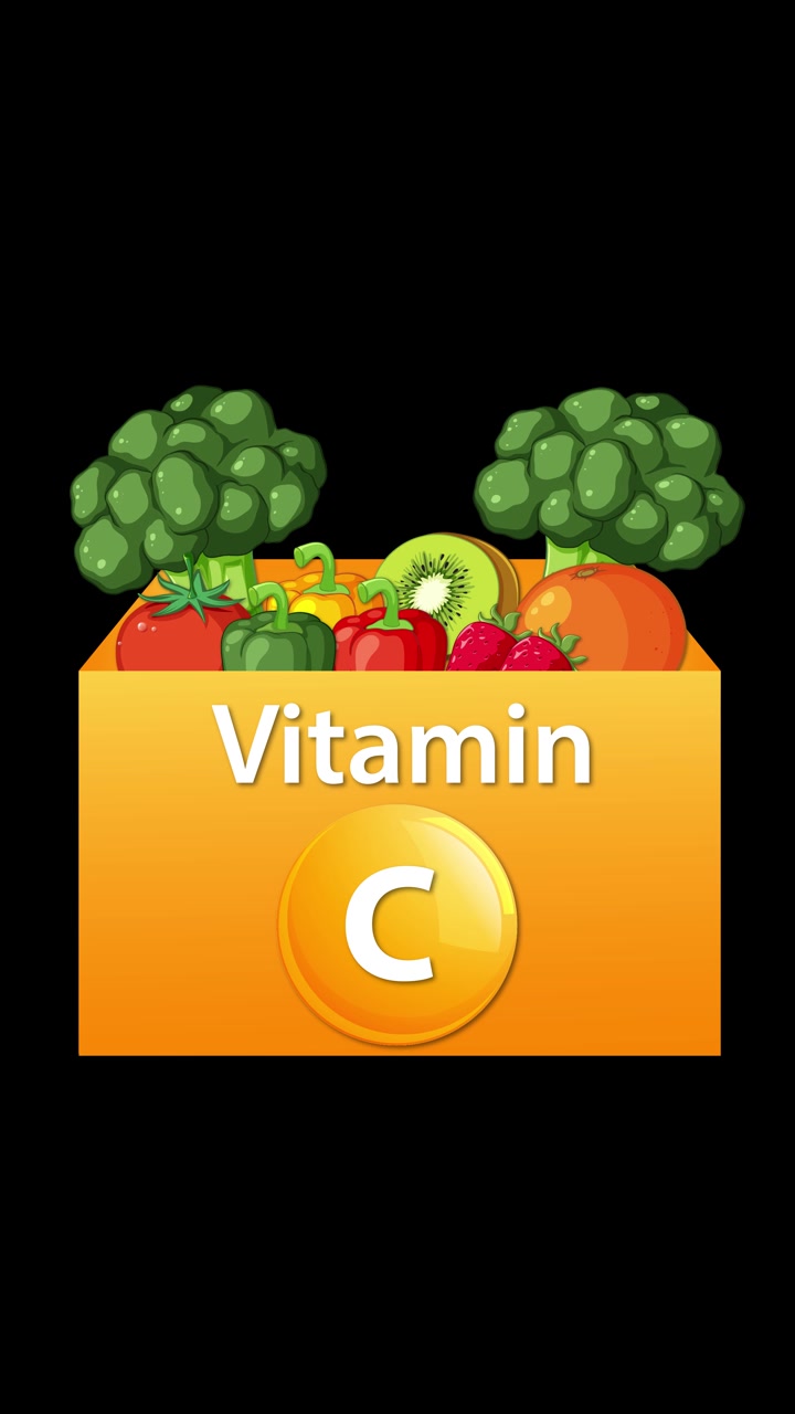 Scatola animata di vitamina C si riempie di broccoli, kiwi e agrumi su uno sfondo nero brillante