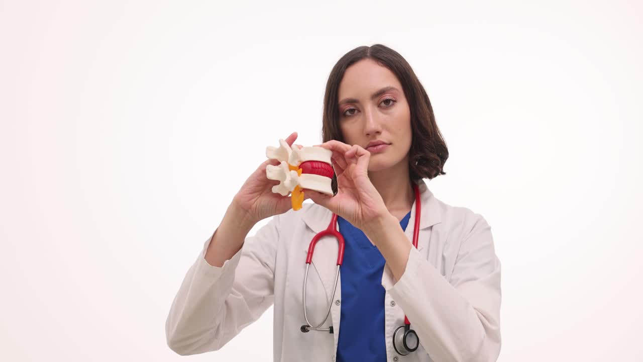 Female Doctor Examining a Spine Model