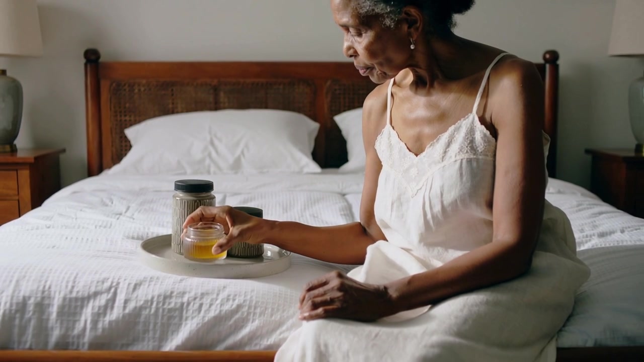 Sipping woman wearing white slip in sunlit bedroom, placing glass between jars on tray, copy space