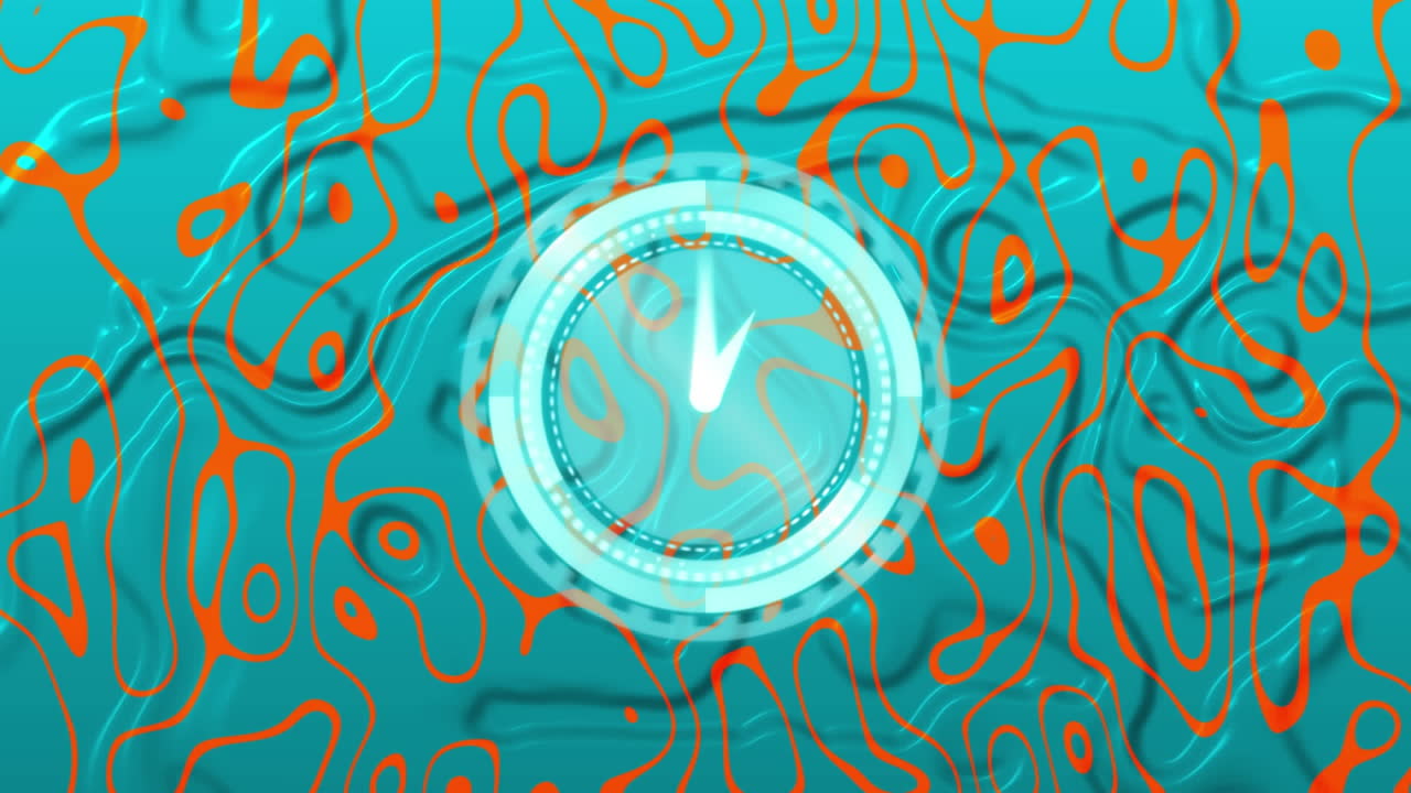 Animation of clock moving fast over orange pattern on blue liquid background