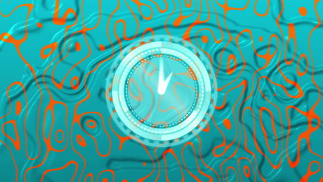 animación de un reloj moviéndose rápidamente sobre un patrón naranja sobre un fondo líquido azul