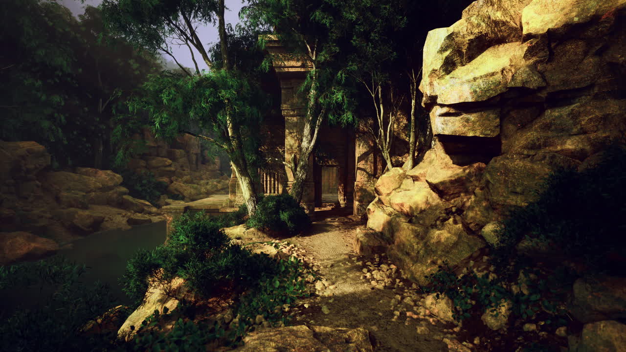 Exploring an ancient ruin amidst dense jungle foliage by a serene river