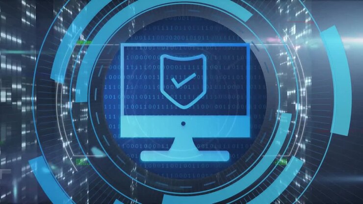 Animation of viewfinder, screen with digital padlock in circles over servers