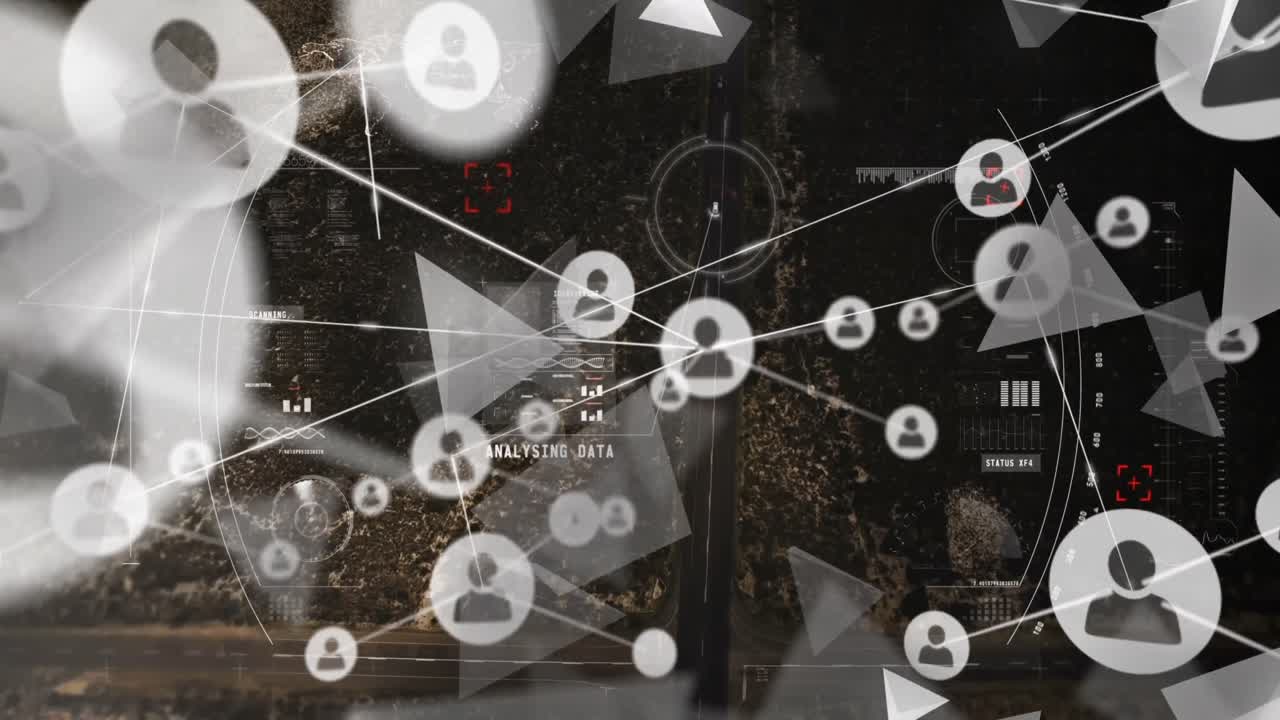 도시 풍경 위의 범위 스캔에 대한 프로필 아이콘 및 삼각형 모양의 네트워크의 애니메이션