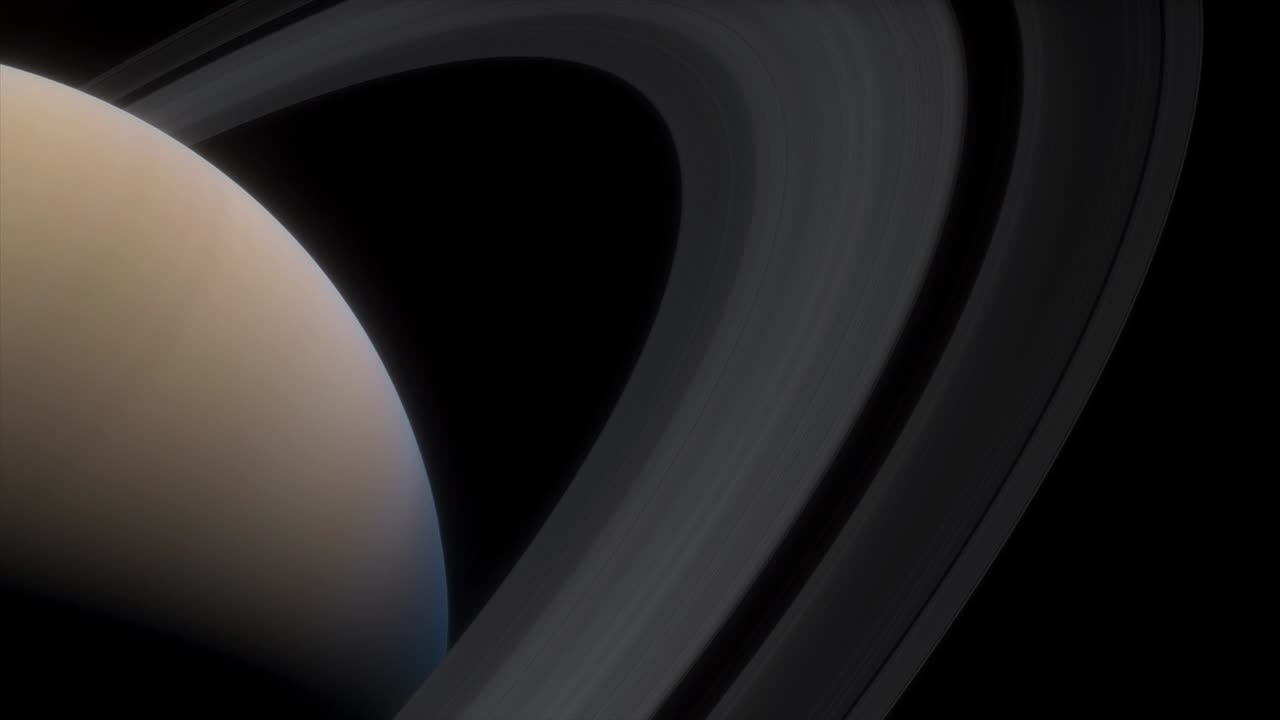 Saturn er en kæmpe planet i solsystemet med smukke ringe. Cinematisk animation af planeten Saturn