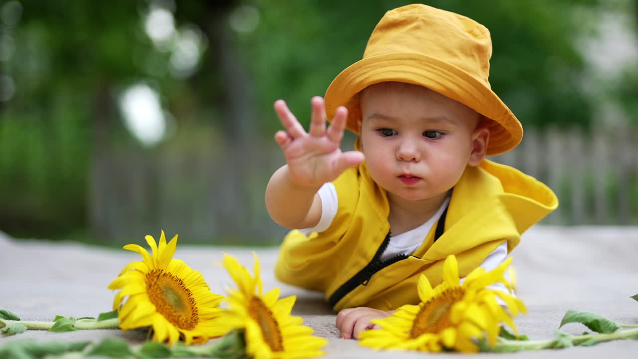 Adorable little boy in yellow vest and hat crawling by the plaid outdoors. Cute kid is interested in sunflowers lying in front of him. Blurred nature backdrop.